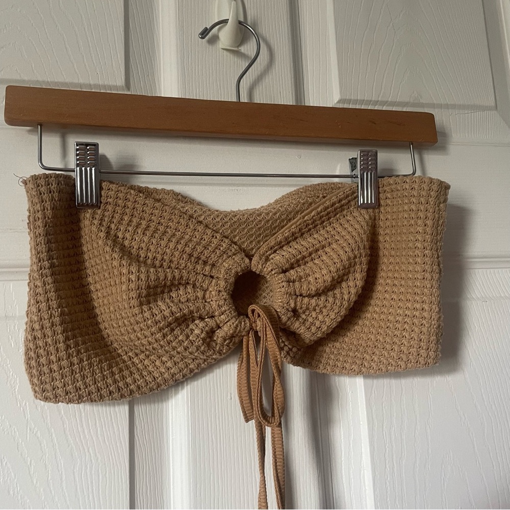 Waffle Knit Strapless Tie-Front Crop Top in Tan